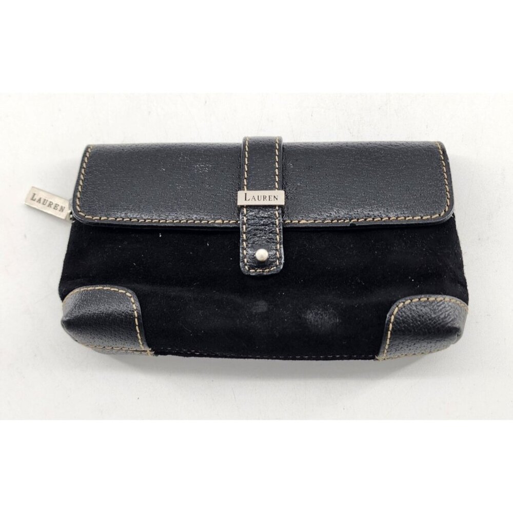 Lauren Ralph Lauren Foldover Flap Zip Top Walled Leather Suede Black 7" X 3.5"